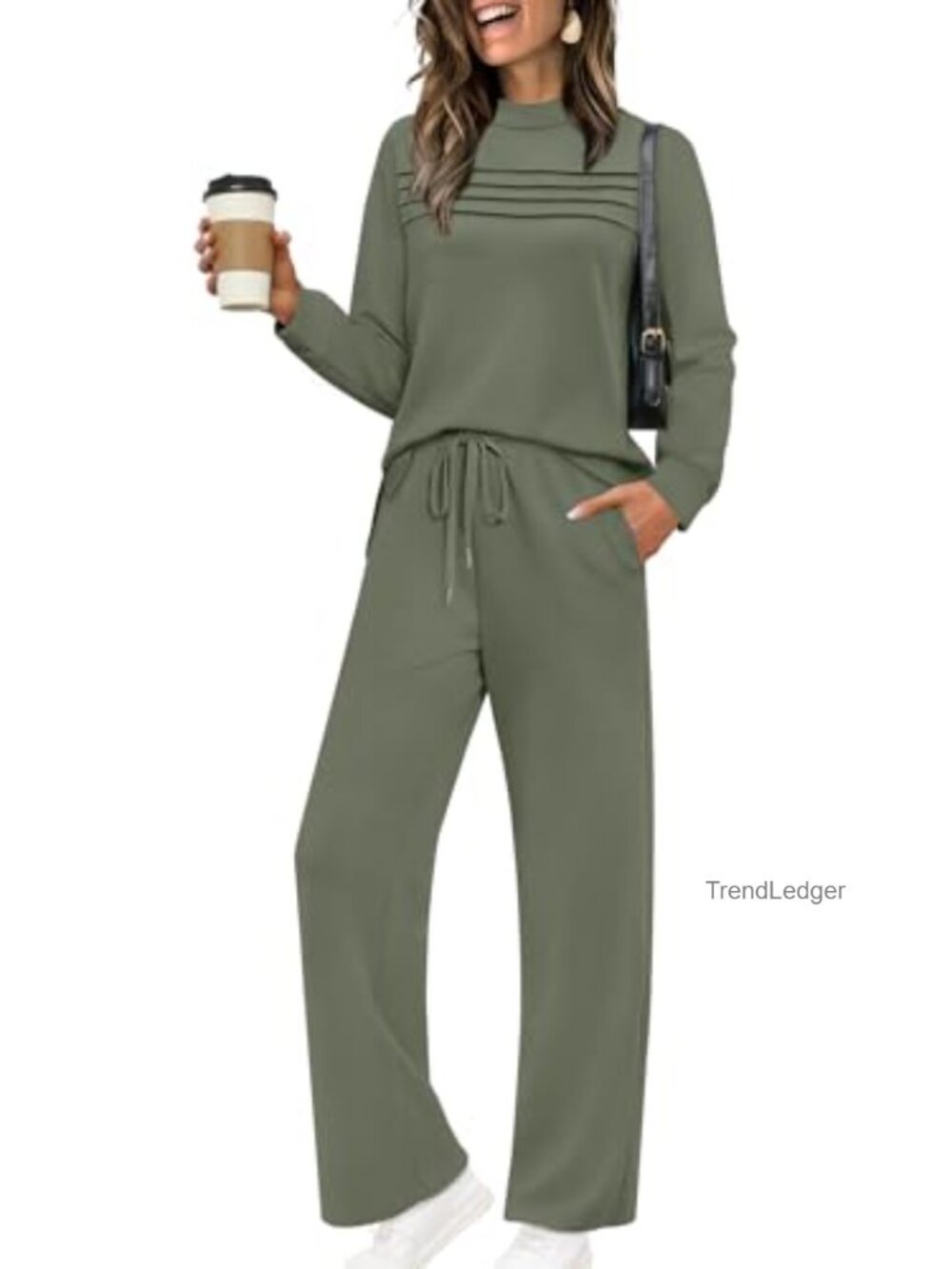WIHOLL Two Piece Lounge Set Long Sleeve Wide Leg Crop Pants Travel Outfit